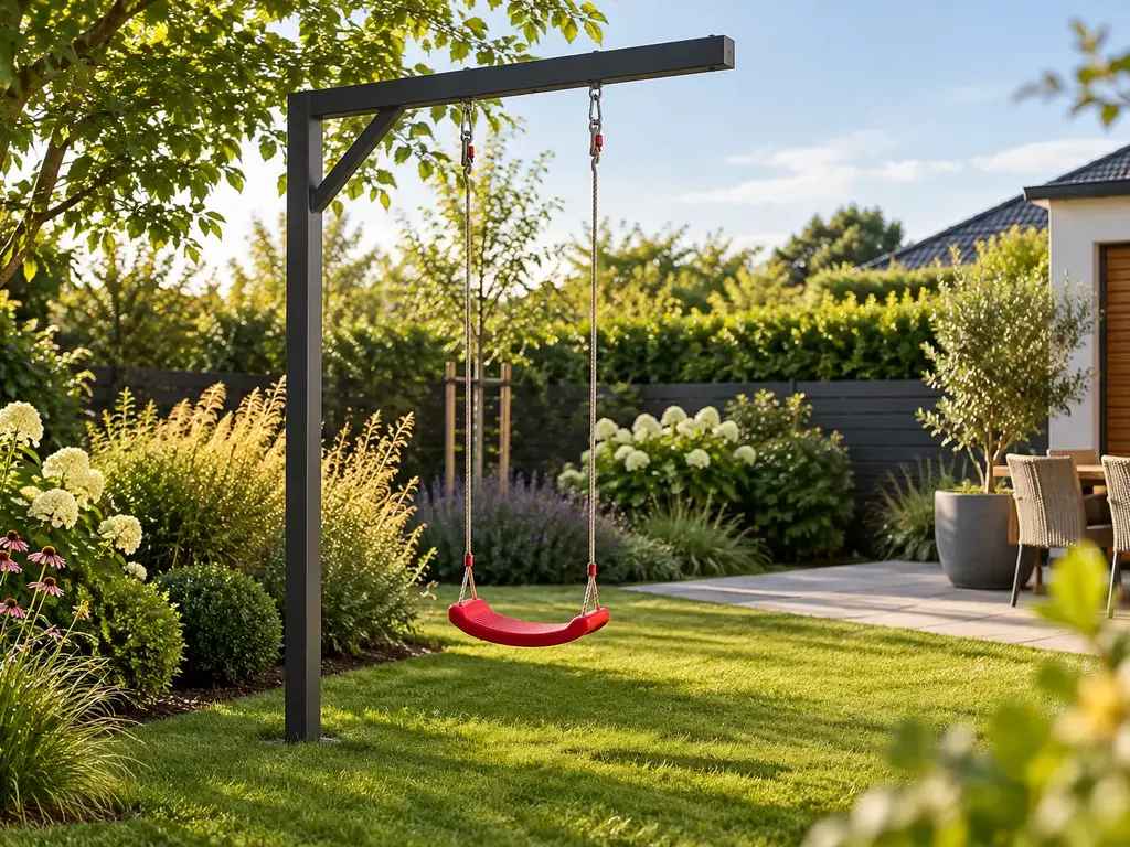 Einarm-Schaukel oder A-Rahmen? Der direkte Vergleich – realistische Swingly Einarm-Schaukel im Garten