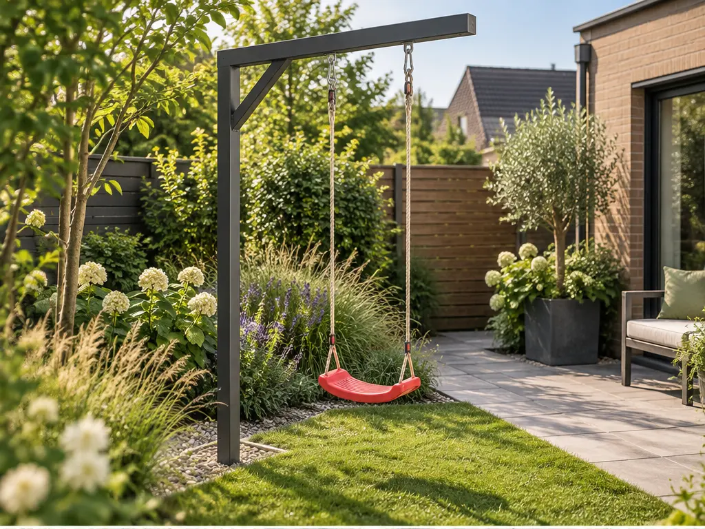 Einzelschaukel für kleine Gärten richtig planen – realistische Swingly Einarm-Schaukel im Garten