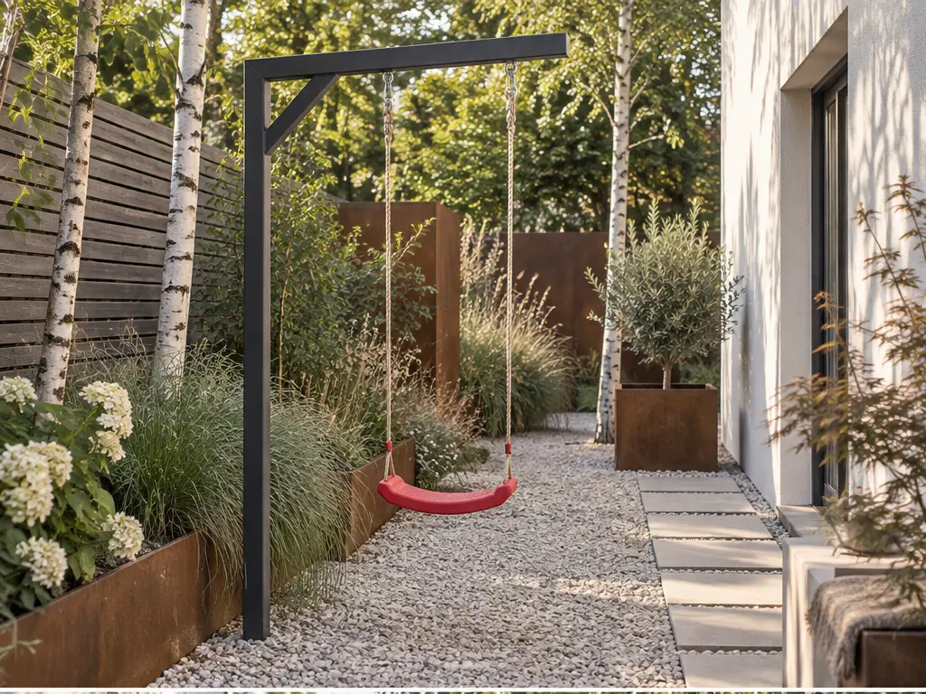 Schaukel für einen schmalen Garten: 9 Planungsideen – realistische Swingly Einarm-Schaukel im Garten