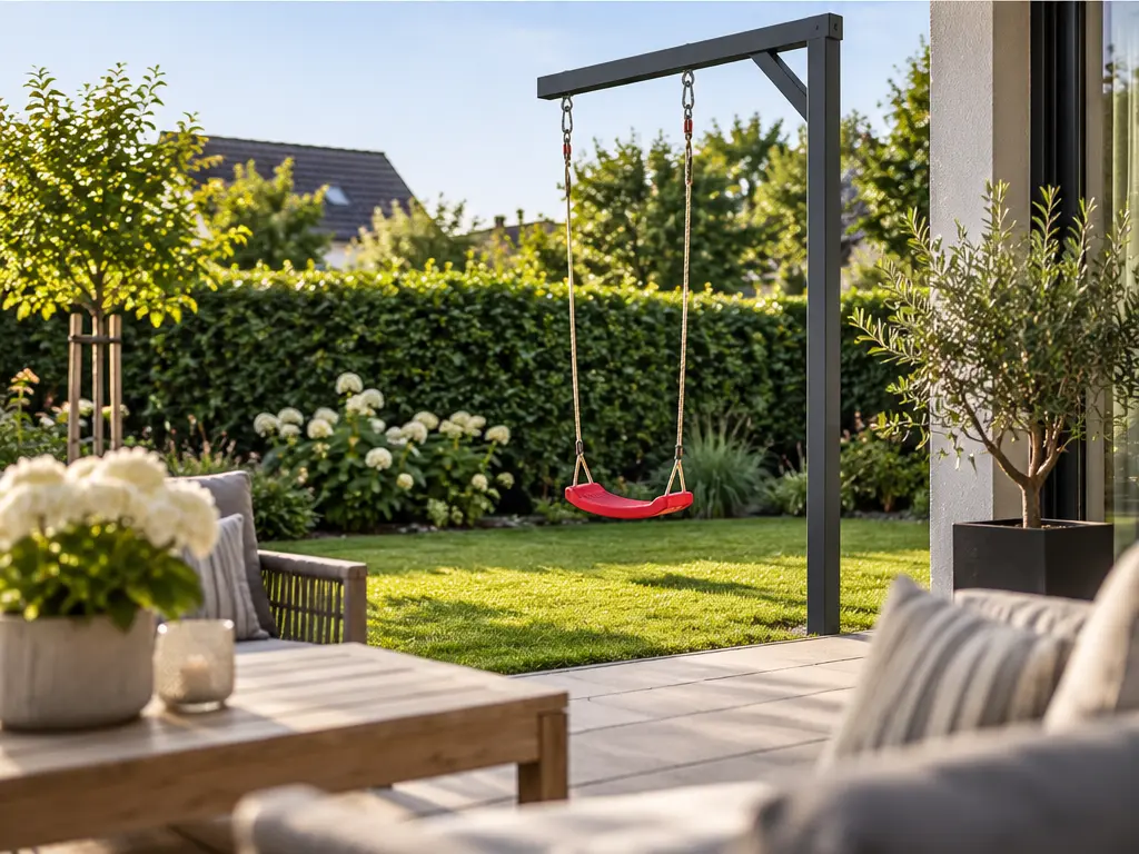 Schaukel neben Terrasse: zweite Perspektive auf die Swingly Einarm-Schaukel