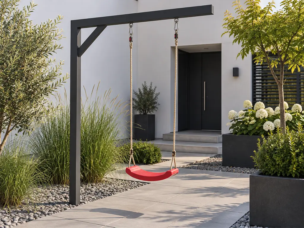 Moderne Gartenschaukel: Design trifft Funktion – realistische Swingly Einarm-Schaukel im Garten