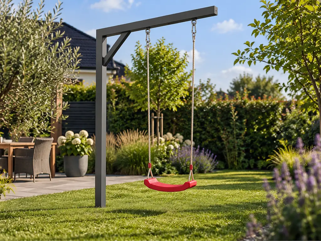 Schaukel ohne störende Seitenpfosten: Die offene Lösung – realistische Swingly Einarm-Schaukel im Garten