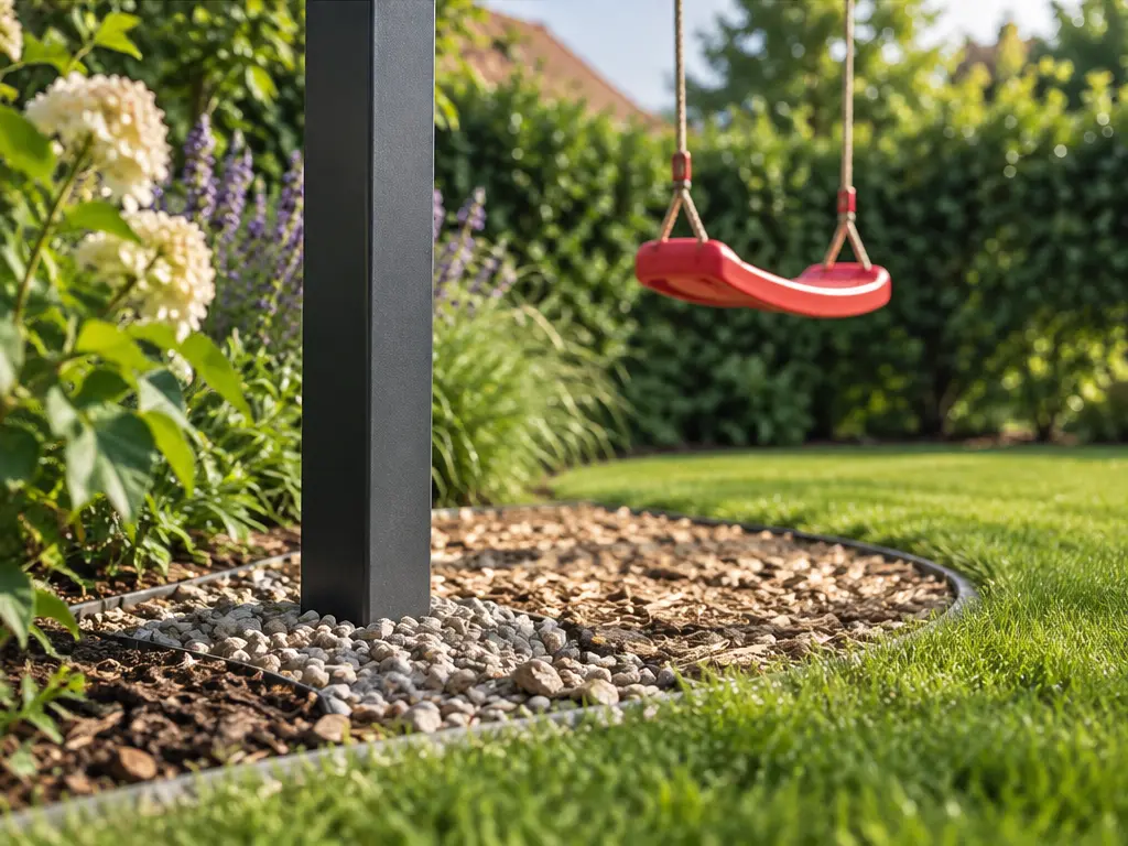 Untergrund unter Gartenschaukel: zweite Perspektive auf die Swingly Einarm-Schaukel