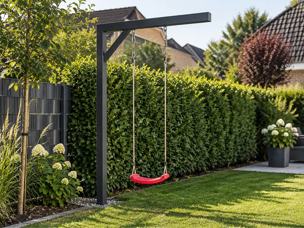 Schaukel bei Zaun und Hecke richtig positionieren – realistische Swingly Einarm-Schaukel im Garten