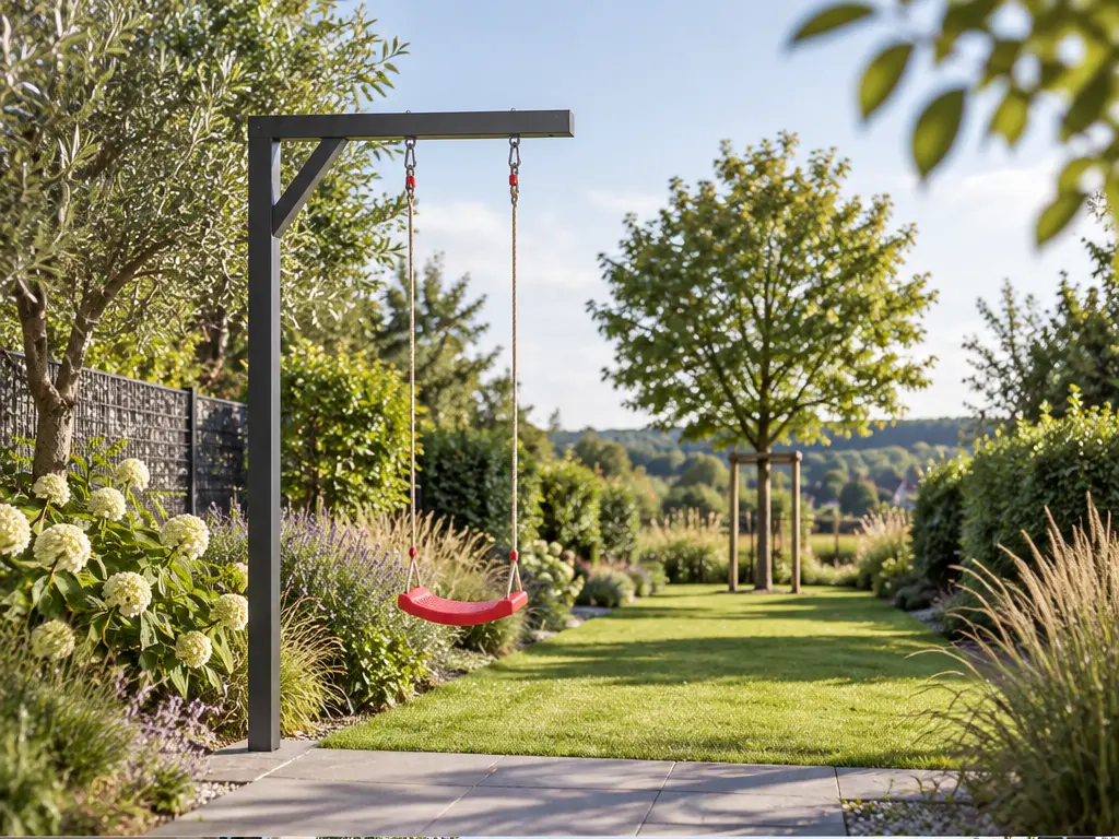 Sichtachsen im Garten mit einer Schaukel erhalten – realistische Swingly Einarm-Schaukel im Garten