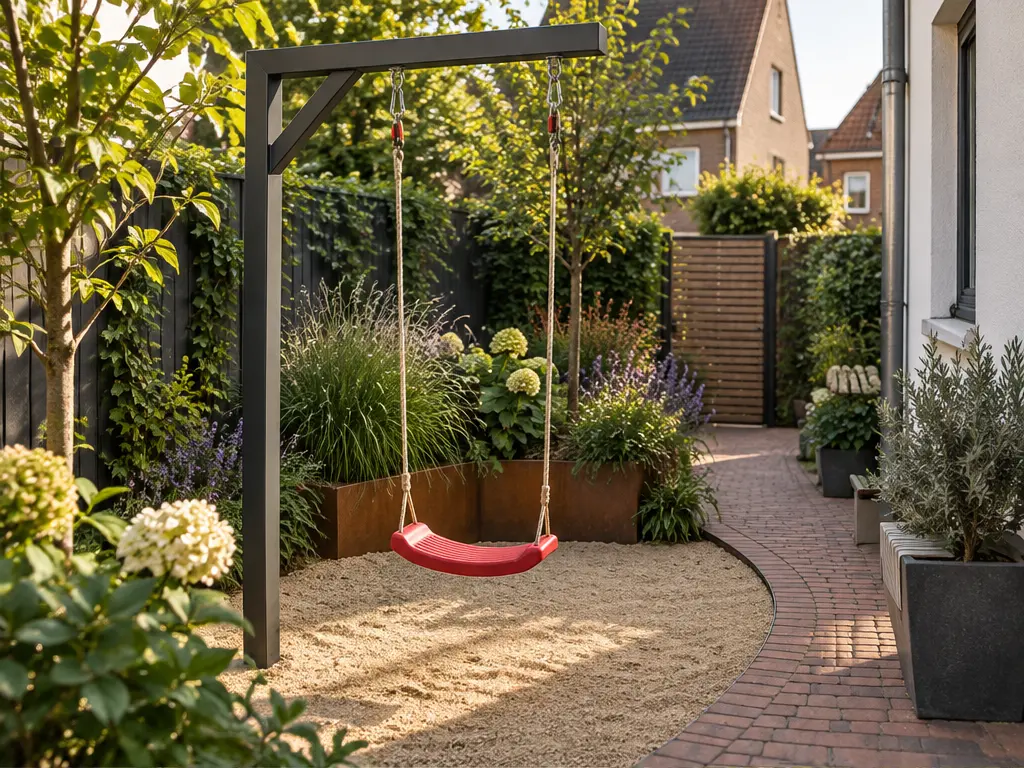 Laufwege und Schaukelplatz im Garten gut verbinden – realistische Swingly Einarm-Schaukel im Garten