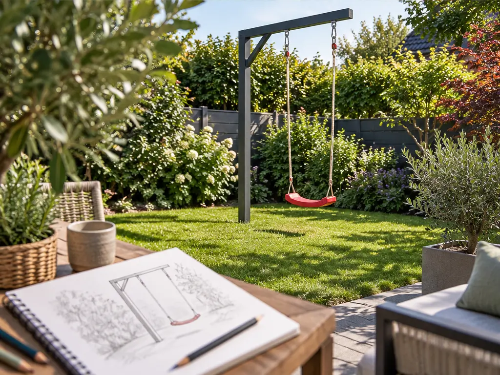 Gartenplan mit Schaukel: zweite Perspektive auf die Swingly Einarm-Schaukel