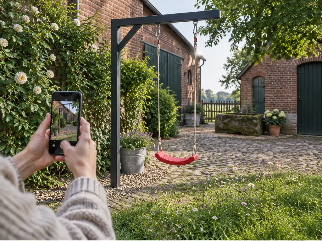 Das perfekte Standortfoto für die Schaukelberatung – realistische Swingly Einarm-Schaukel im Garten