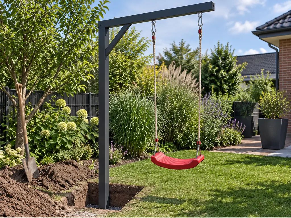 Swingly Fundament: Was 50 × 50 × 90 cm bedeuten – realistische Swingly Einarm-Schaukel im Garten