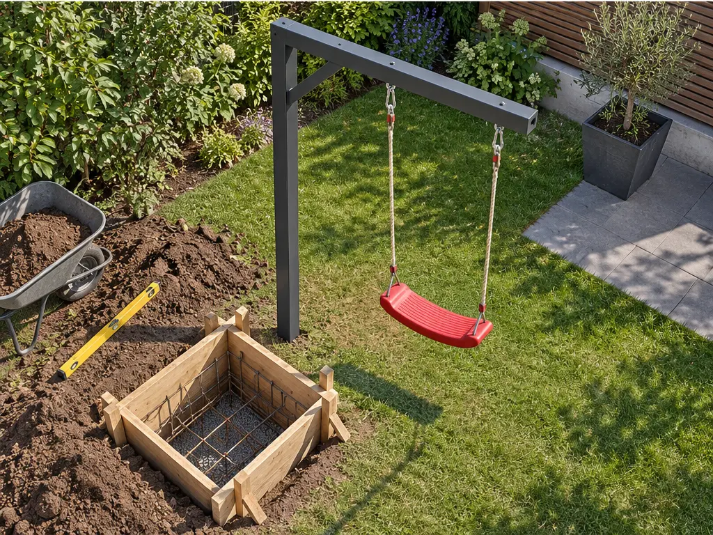 Swingly Fundament 50 × 50 × 90 cm: zweite Perspektive auf die Swingly Einarm-Schaukel