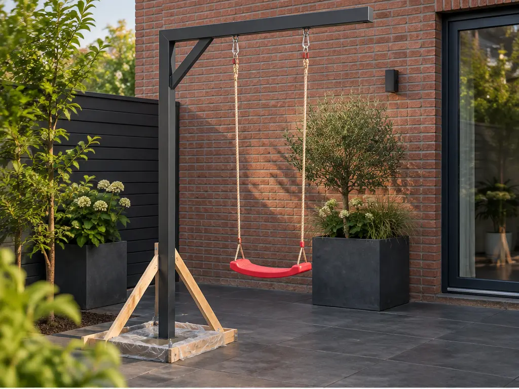 Beton-Aushärtezeit: Wann darf die Schaukel genutzt werden? – realistische Swingly Einarm-Schaukel im Garten