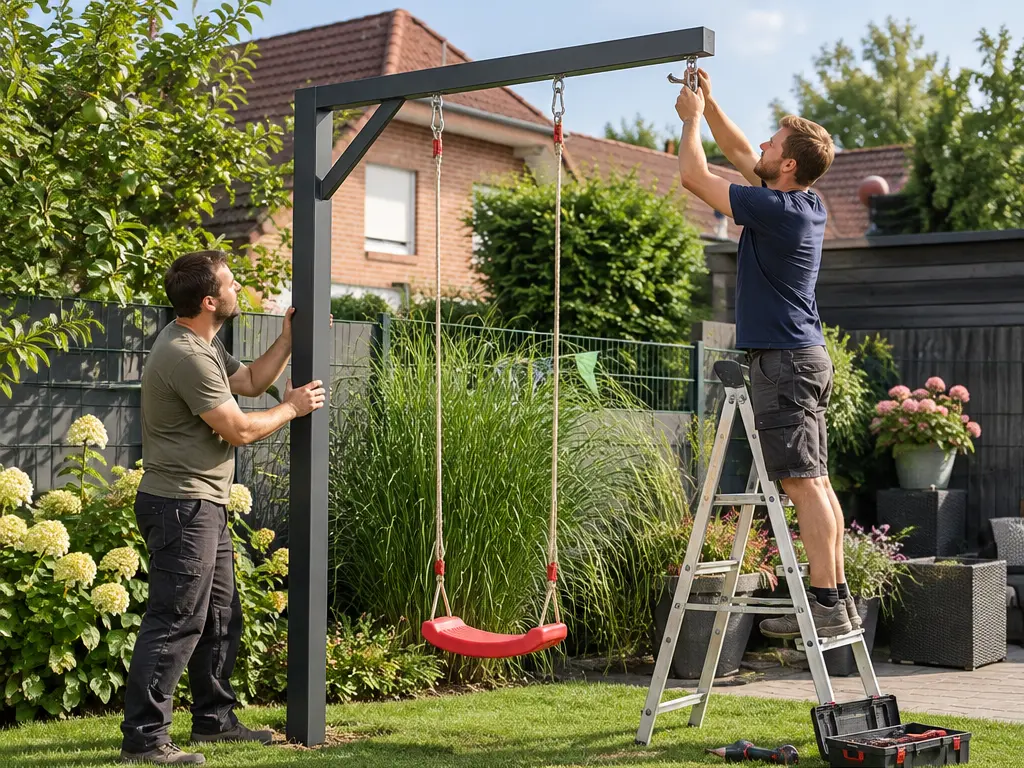 Schaukel aufbauen: Warum ein Helfer sinnvoll ist – realistische Swingly Einarm-Schaukel im Garten