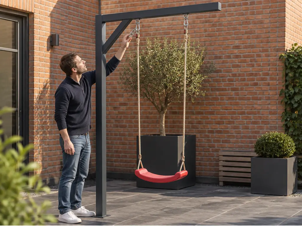 Gartenschaukel warten: Die regelmäßige Checkliste – realistische Swingly Einarm-Schaukel im Garten