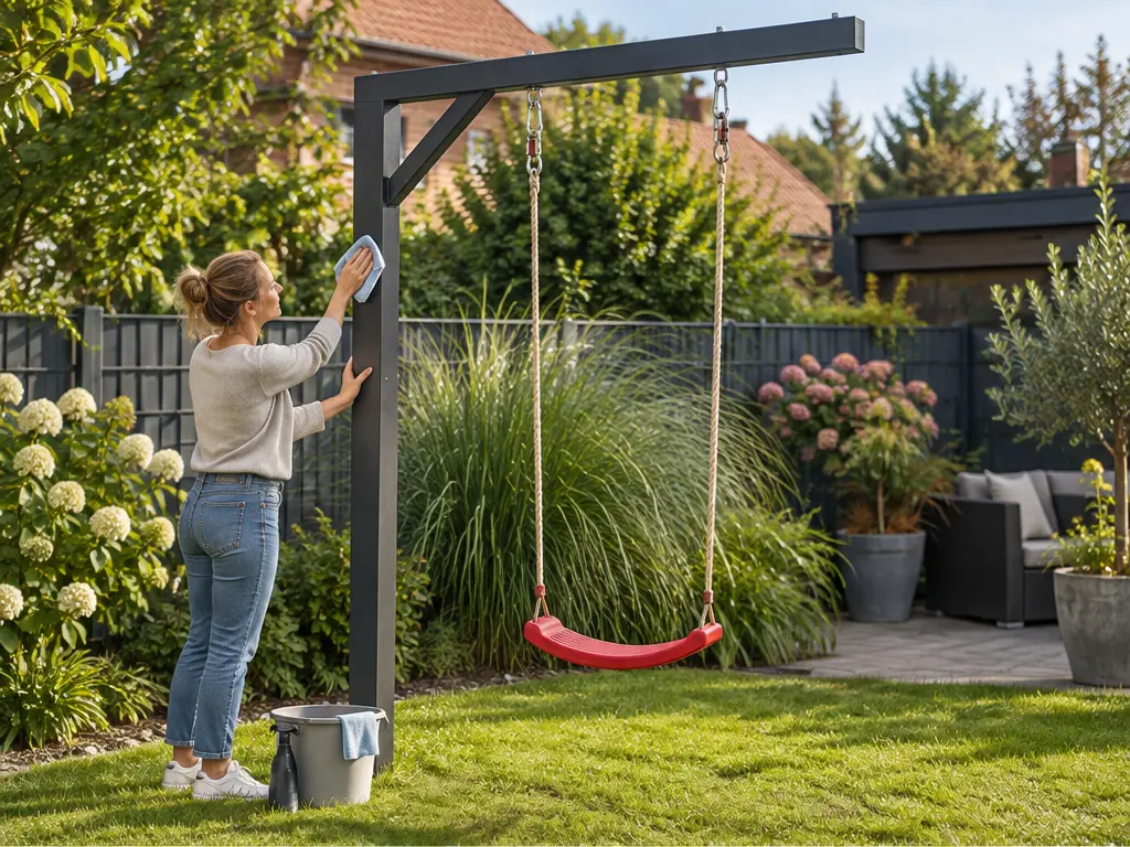 Pulverbeschichtete Metallschaukel richtig pflegen – realistische Swingly Einarm-Schaukel im Garten