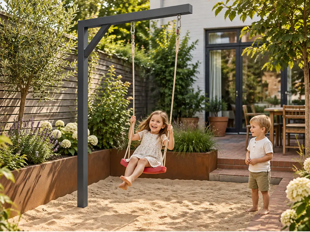 Schaukel-Spielideen für abwechslungsreiche Gartenzeit – realistische Swingly Einarm-Schaukel im Garten