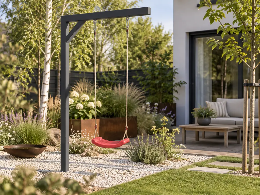 Spielbereich im kleinen Familiengarten gestalten – realistische Swingly Einarm-Schaukel im Garten