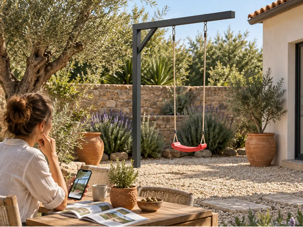 Swingly kaufen: Vom Standortfoto bis zur Abholung – realistische Swingly Einarm-Schaukel im Garten